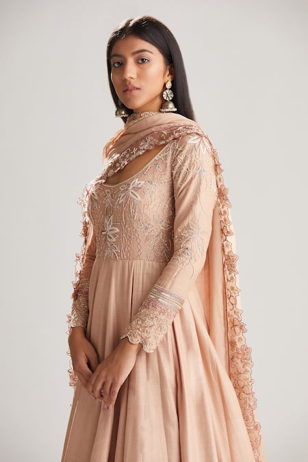 Megha Bansal Pink Churidar Cotton Silk, Dupatta Tara Floral Embroidered Anarkali Set at Aza Fashions Megha Bansal_Pink Churidar Cotton Silk, Dupatta Tara Floral Embroidered Anarkali Set _at_Aza_Fashions