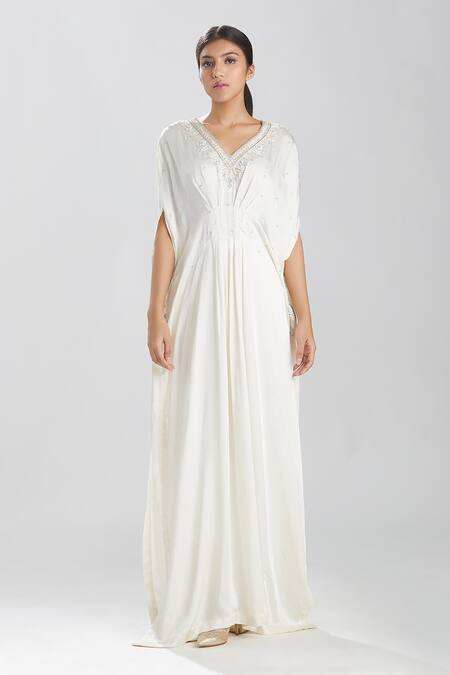 Megha Bansal Ivory Satin Cut Dana, Sequin And Beads Work V Neck Motia Azmina Kaftan Gown Online at Aza Fashions Megha Bansal_Ivory Satin Cut Dana, Sequin And Beads Work V Neck Motia Azmina Kaftan Gown _Online_at_Aza_Fashions