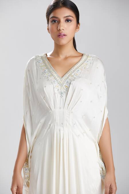 Shop Megha Bansal Ivory Satin Cut Dana, Sequin And Beads Work V Neck Motia Azmina Kaftan Gown Online at Aza Fashions Shop_Megha Bansal_Ivory Satin Cut Dana, Sequin And Beads Work V Neck Motia Azmina Kaftan Gown _Online_at_Aza_Fashions