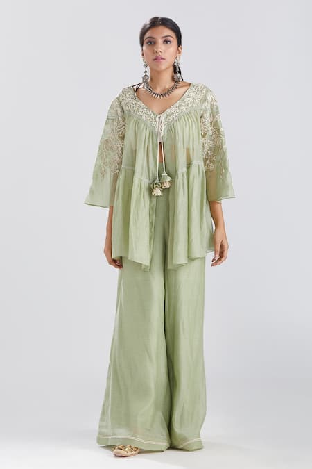 Megha Bansal Green Silk Chanderi Cord And Zari Work Round Neck Fiha Kediya Top & Palazzo Set Online at Aza Fashions Megha Bansal_Green Silk Chanderi Cord And Zari Work Round Neck Fiha Kediya Top & Palazzo Set _Online_at_Aza_Fashions