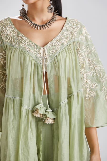 Shop Megha Bansal Green Silk Chanderi Cord And Zari Work Round Neck Fiha Kediya Top & Palazzo Set Online at Aza Fashions Shop_Megha Bansal_Green Silk Chanderi Cord And Zari Work Round Neck Fiha Kediya Top & Palazzo Set _Online_at_Aza_Fashions