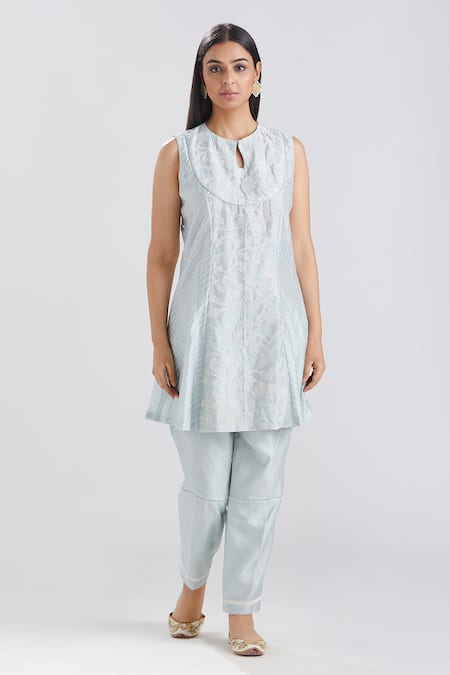 Shop Megha Bansal Blue Tulle, Silk Chanderi Dori, Sequin And Bead Ida Embroidered Kurta Pant Set Online at Aza Fashions Shop_Megha Bansal_Blue Tulle, Silk Chanderi Dori, Sequin And Bead Ida Embroidered Kurta Pant Set _Online_at_Aza_Fashions