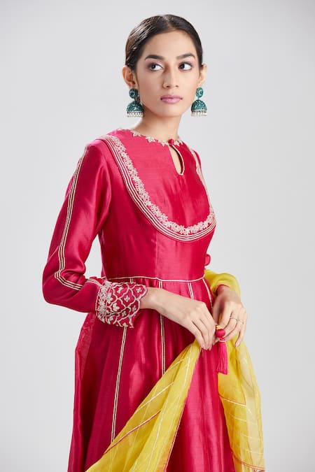 Shop Megha Bansal Pink Tulle, Silk Chanderi Gota Work Keyhole Malini Embroidered Anarkali Set Online at Aza Fashions Shop_Megha Bansal_Pink Tulle, Silk Chanderi Gota Work Keyhole Malini Embroidered Anarkali Set _Online_at_Aza_Fashions