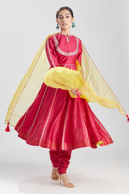 Megha Bansal Pink Tulle, Silk Chanderi Gota Work Keyhole Malini Embroidered Anarkali Set at Aza Fashions Megha Bansal_Pink Tulle, Silk Chanderi Gota Work Keyhole Malini Embroidered Anarkali Set _at_Aza_Fashions