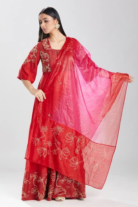 Megha Bansal Red Organza, Chanderi Zardozi Work Surkh Rama Embroidered Set at Aza Fashions Megha Bansal_Red Organza, Chanderi Zardozi Work Surkh Rama Embroidered Set _at_Aza_Fashions