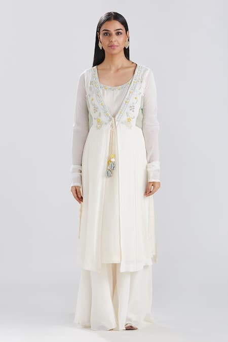Megha Bansal Ivory Chiffon, Organza, Chanderi Motia Nyra Embroidered Palazzo Set Online at Aza Fashions Megha Bansal_Ivory Chiffon, Organza, Chanderi Motia Nyra Embroidered Palazzo Set _Online_at_Aza_Fashions