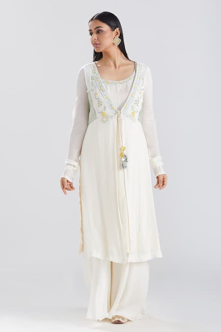 Shop Megha Bansal Ivory Chiffon, Organza, Chanderi Motia Nyra Embroidered Palazzo Set Online at Aza Fashions Shop_Megha Bansal_Ivory Chiffon, Organza, Chanderi Motia Nyra Embroidered Palazzo Set _Online_at_Aza_Fashions