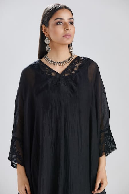 Shop Megha Bansal Black Organza, Chanderi Floral Pattern V Ambreen Kaftan And Pant Set Online at Aza Fashions Shop_Megha Bansal_Black Organza, Chanderi Floral Pattern V Ambreen Kaftan And Pant Set _Online_at_Aza_Fashions