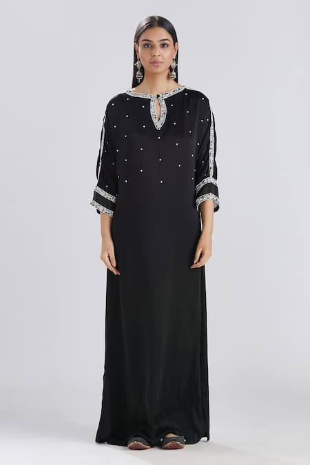 Megha Bansal Black Satin Silk Threads And Pearl Work Keyhole Aafia Embroidered Kaftan Gown Online at Aza Fashions Megha Bansal_Black Satin Silk Threads And Pearl Work Keyhole Aafia Embroidered Kaftan Gown _Online_at_Aza_Fashions