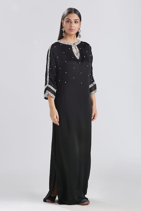 Buy Megha Bansal Black Satin Silk Threads And Pearl Work Keyhole Aafia Embroidered Kaftan Gown Online at Aza Fashions Buy_Megha Bansal_Black Satin Silk Threads And Pearl Work Keyhole Aafia Embroidered Kaftan Gown _Online_at_Aza_Fashions