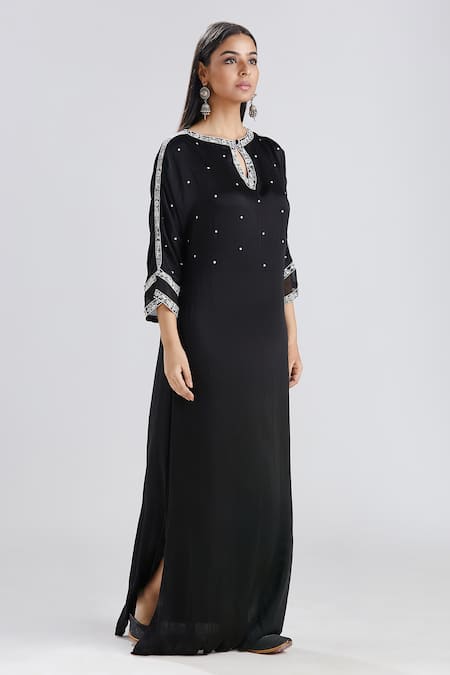 Shop Megha Bansal Black Satin Silk Threads And Pearl Work Keyhole Aafia Embroidered Kaftan Gown Online at Aza Fashions Shop_Megha Bansal_Black Satin Silk Threads And Pearl Work Keyhole Aafia Embroidered Kaftan Gown _Online_at_Aza_Fashions