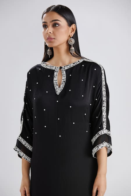 Megha Bansal Black Satin Silk Threads And Pearl Work Keyhole Aafia Embroidered Kaftan Gown at Aza Fashions Megha Bansal_Black Satin Silk Threads And Pearl Work Keyhole Aafia Embroidered Kaftan Gown _at_Aza_Fashions