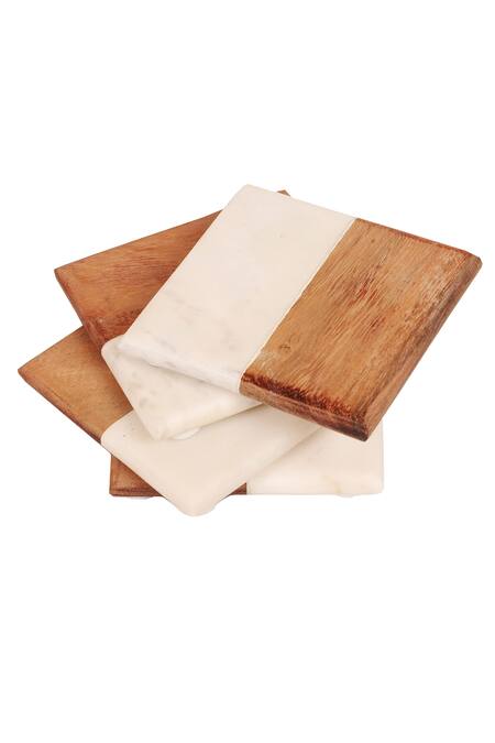 Cotton Indya_White Marble Rectangular Wooden And Coasters - Set Of 4_Online_at_Aza_Fashions