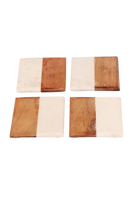 Buy_Cotton Indya_White Marble Rectangular Wooden And Coasters - Set Of 4_Online_at_Aza_Fashions
