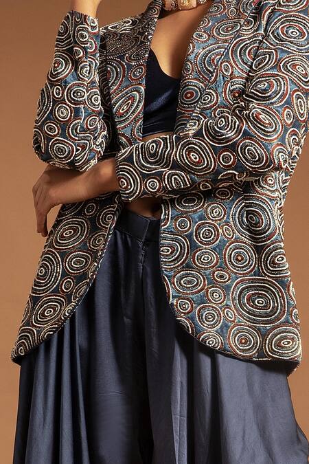 Buy_Sejal Kamdar_Blue Pure Satin Print Ajrak Lapel Collar Jacket And Fluid Pant Set  