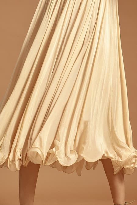 Sejal Kamdar_Beige Pure Satin Crepe Embellished Yoke Ajrak Round Neck Dress  _Online_at_Aza_Fashions