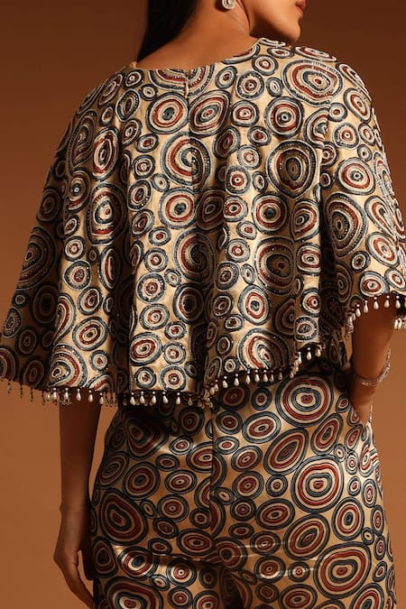 Buy_Sejal Kamdar_Beige Pure Satin Crepe And Gajji Silk Print & Ajrakh Wide Leg Jumpsuit  