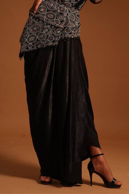Shop_Sejal Kamdar_Black Pure Satin Crepe Print Ajrak Round Neck Structured Gown  _Online_at_Aza_Fashions