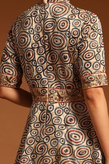 Shop_Sejal Kamdar_Beige Pure Satin Crepe Embellished Cutdana Ajrak Peplum Jumpsuit  