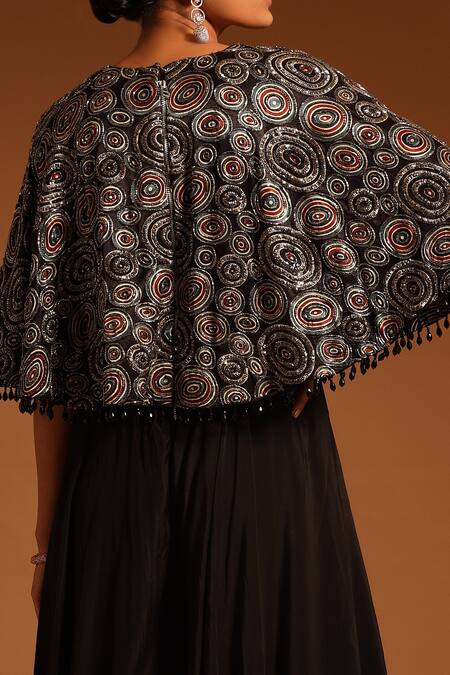 Shop_Sejal Kamdar_Black Satin, Silk Beads, Brooches, Rhinestones Ajrakh Print Layered Jumpsuit _Online_at_Aza_Fashions