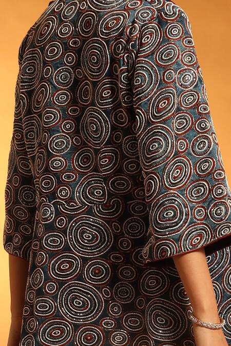 Buy_Sejal Kamdar_Blue Pure Satin Crepe Ajrak Embellished Jacket And Fluid Pant Set _Online_at_Aza_Fashions