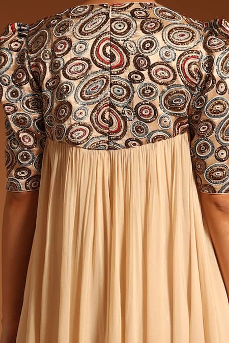 Shop_Sejal Kamdar_Beige Pure Satin Crepe Embellished Yoke Ajrak Round Neck Dress  _Online_at_Aza_Fashions