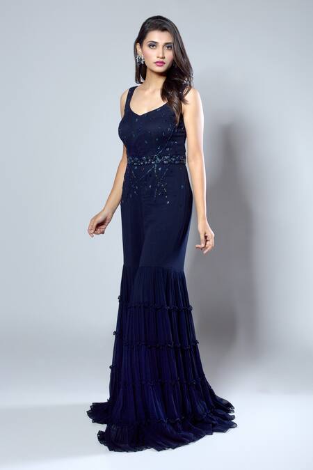 Buy_Julie By Julie Shah_Blue Georgette Sequins, Cut Work V-neck Flower Vine Embellished Sharara Jumpsuit_Online_at_Aza_Fashions