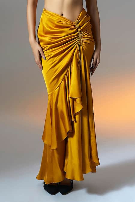 Aroka Yellow Modal, Satin Marigold Layered Ruffle Skirt Online at Aza Fashions Aroka_Yellow Modal, Satin Marigold Layered Ruffle Skirt_Online_at_Aza_Fashions
