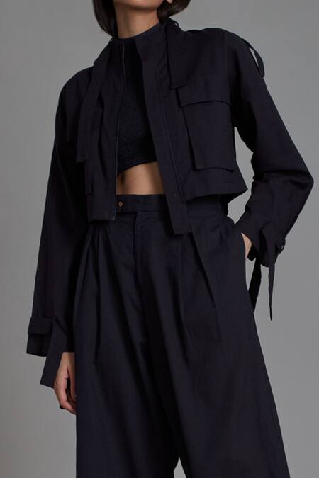 MATI_Black 100% Cotton Open Cover Solitaire Shuffle Jacket And Pant Set_Online_at_Aza_Fashions