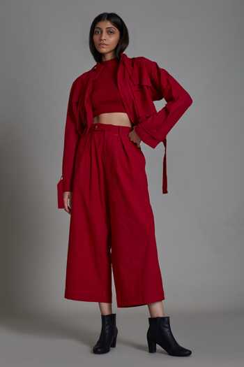 MATI_Red 100% Cotton Open Cover Solitaire Jacket And Pant Set_Online_at_Aza_Fashions