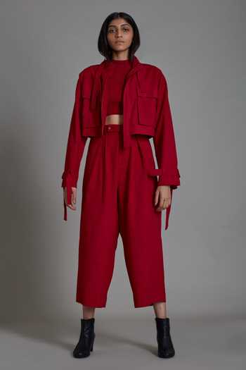 Buy_MATI_Red 100% Cotton Open Cover Solitaire Jacket And Pant Set_Online_at_Aza_Fashions