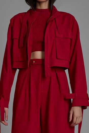 Shop_MATI_Red 100% Cotton Open Cover Solitaire Jacket And Pant Set_Online_at_Aza_Fashions