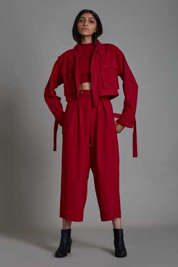 MATI_Red 100% Cotton Open Cover Solitaire Jacket And Pant Set_at_Aza_Fashions