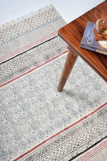 Orna_Multi Color Cotton Hand Block Print, Woven Geometric Rug_Online_at_Aza_Fashions