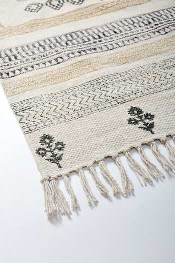 Shop Orna Multi Color Cotton Hand Block Print, Woven Fringe Border Rug Online at Aza Fashions Shop_Orna_Multi Color Cotton Hand Block Print, Woven Fringe Border Rug_Online_at_Aza_Fashions