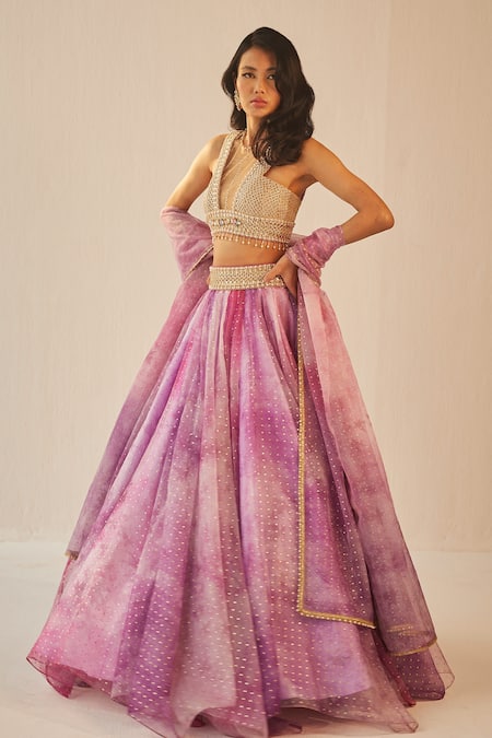 Cedar & Pine Purple Organza, Net Beads, Mirrors Collared Textured Lehenga Set Online at Aza Fashions Cedar & Pine_Purple Organza, Net Beads, Mirrors Collared Textured Lehenga Set _Online_at_Aza_Fashions