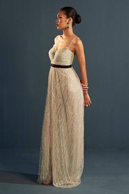 Cedar & Pine_Green Net Pearls, Sequins Sweetheart Neck Stripe Embroidered Gown _Online_at_Aza_Fashions