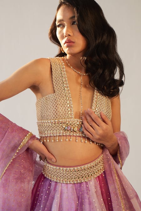 Buy Cedar & Pine Purple Organza, Net Beads, Mirrors Collared Textured Lehenga Set Online at Aza Fashions Buy_Cedar & Pine_Purple Organza, Net Beads, Mirrors Collared Textured Lehenga Set _Online_at_Aza_Fashions