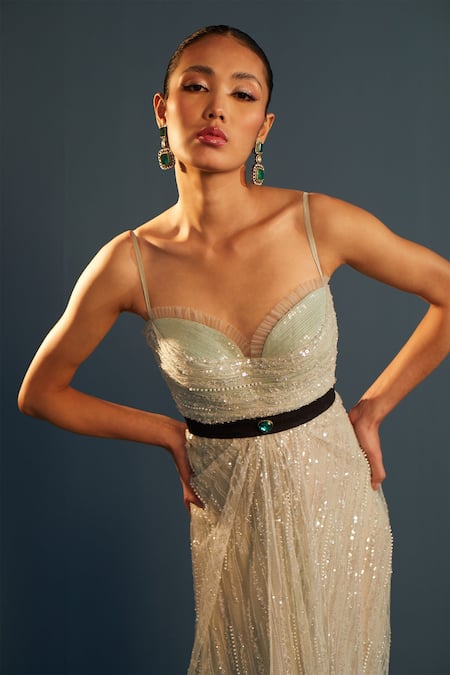 Buy_Cedar & Pine_Green Net Pearls, Sequins Sweetheart Neck Stripe Embroidered Gown _Online_at_Aza_Fashions