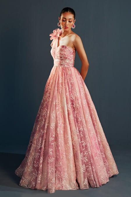 Buy_Cedar & Pine_Pink Organza Embroidery, Pearls, Sequins Asymmetric One Shoulder Gown _Online_at_Aza_Fashions