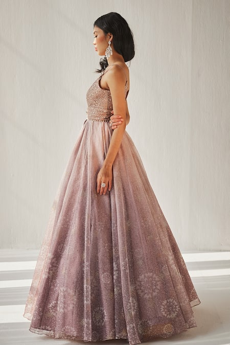 Cedar & Pine_Purple Organza, Net Sequins, Pearls Plunge Neck Pale Scattered Embroidered Gown _Online_at_Aza_Fashions
