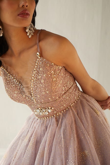 Buy_Cedar & Pine_Purple Organza, Net Sequins, Pearls Plunge Neck Pale Scattered Embroidered Gown _Online_at_Aza_Fashions