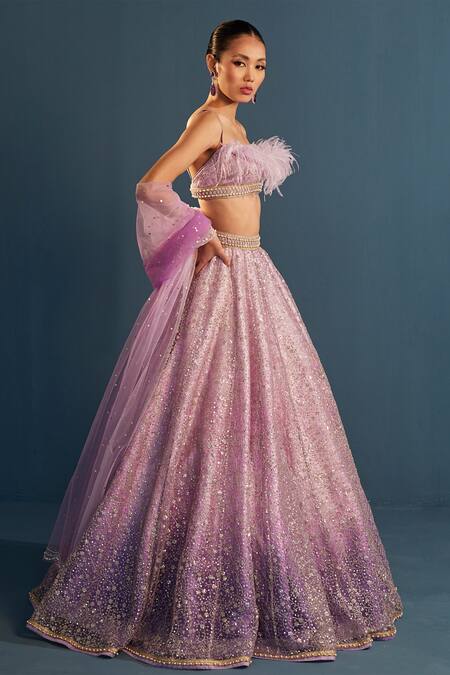 Cedar & Pine Purple Net Feathers, Pearls, Sequins Sweetheart Embroidered Blouse Lehenga Set Online at Aza Fashions Cedar & Pine_Purple Net Feathers, Pearls, Sequins Sweetheart Embroidered Blouse Lehenga Set _Online_at_Aza_Fashions