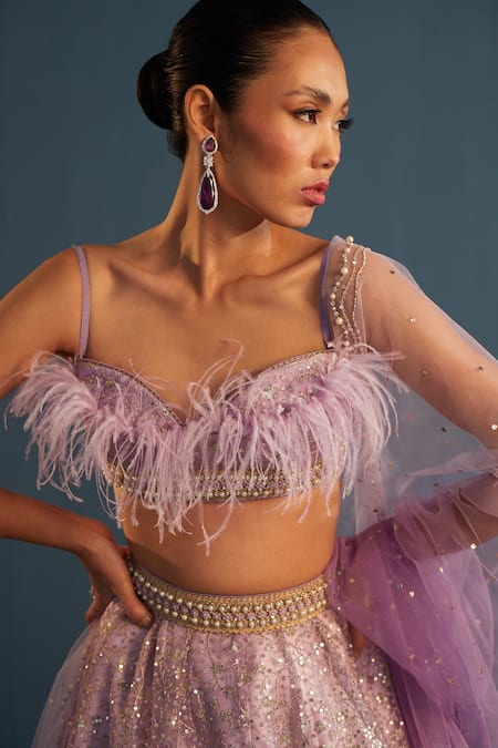 Buy Cedar & Pine Purple Net Feathers, Pearls, Sequins Sweetheart Embroidered Blouse Lehenga Set Online at Aza Fashions Buy_Cedar & Pine_Purple Net Feathers, Pearls, Sequins Sweetheart Embroidered Blouse Lehenga Set _Online_at_Aza_Fashions