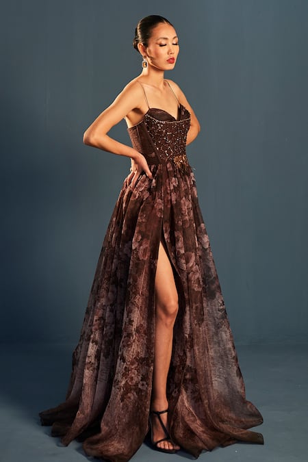 Cedar & Pine_Brown Organza, Net Sequins, Stones Sweetheart Neck Sepia Embroidered Gown _Online_at_Aza_Fashions