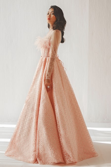 Cedar & Pine_Pink Organza, Net Feathers, Crystals, Embroidery Off-shoulder Bodice Gown _Online_at_Aza_Fashions