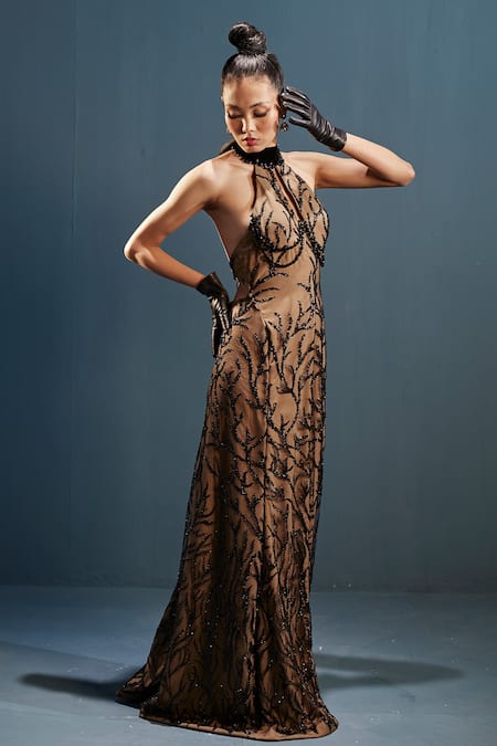 Cedar & Pine_Black Net Beads Halter Neck Embroidered Gown_Online_at_Aza_Fashions