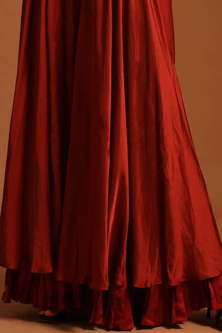 Buy Sejal Kamdar Maroon Pure Satin Crepe Embellished Ajrak Yoke Flared Jumpsuit Buy_Sejal Kamdar_Maroon Pure Satin Crepe Embellished Ajrak Yoke Flared Jumpsuit