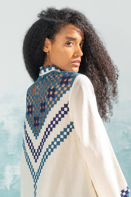 Ikai By Ragini Ahuja_Ivory Chanderi, Cotton Applique High Neck Nile Cutwork Circular Dress_Online_at_Aza_Fashions