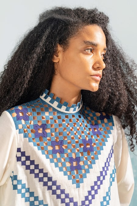 Buy_Ikai By Ragini Ahuja_Ivory Chanderi, Cotton Applique High Neck Nile Cutwork Circular Dress_Online_at_Aza_Fashions